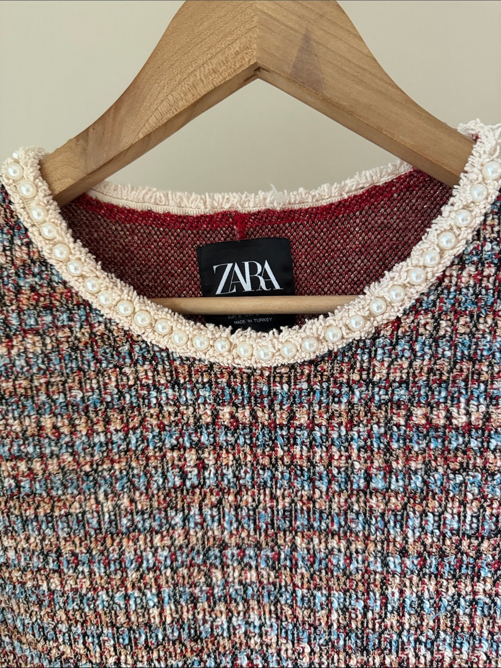 Zara Multicolor Tweed Short-Sleeve Shift Dress with Cream Neckline Pearl Size S - Picture 4 of 7